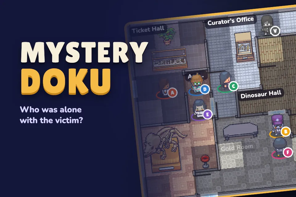 Mystery Doku cover art: a museum floor plan with the suspects in place