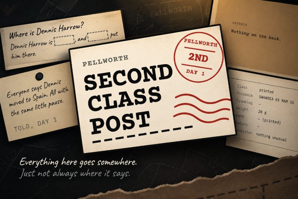 Second Class Post — a Pellworth second-class envelope on a desk of notes
